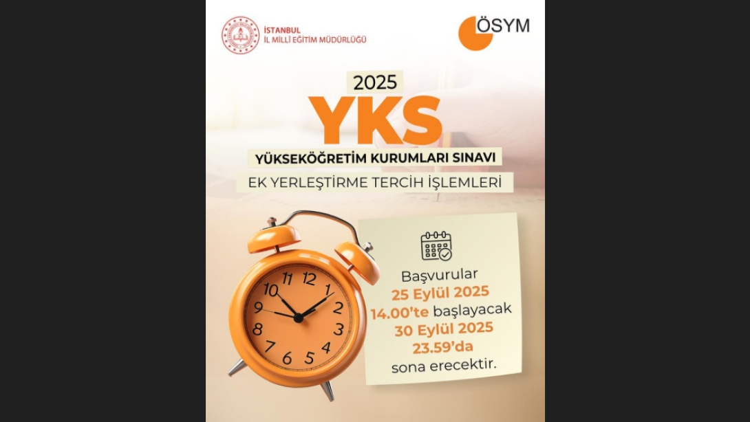 2025 Yükseköğretim Kurumları Sınavı (YKS) Yerleştirme Tercihleri 30 Eylül 2025 tarihinde saat 23.59'da sona erecektir.